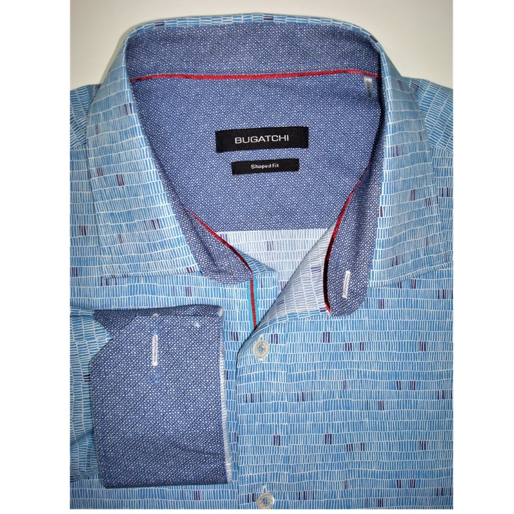New! BUGATCHI "Shaped Fit" Blue, Purple, White Geometric Long Sleeve Shirt